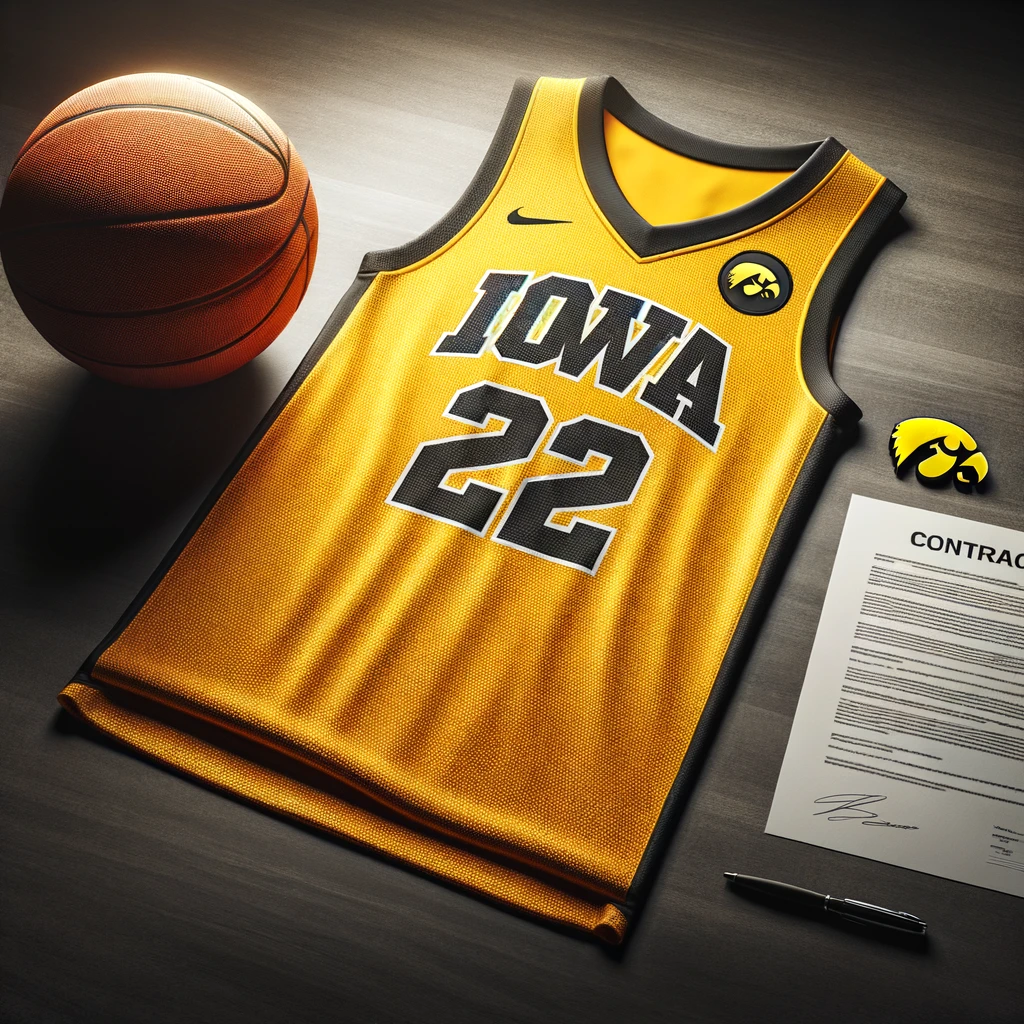 Iowa jersey #22, shown with a basketball and a contract